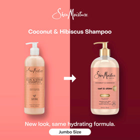 Close-up of Shea Moisture Coconut & Hibiscus Shampoo bottle