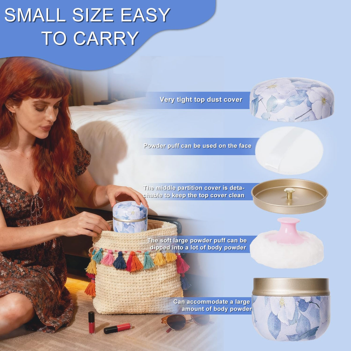 Close-up of SHIMIDO Body Powder Puff Container lid and handle