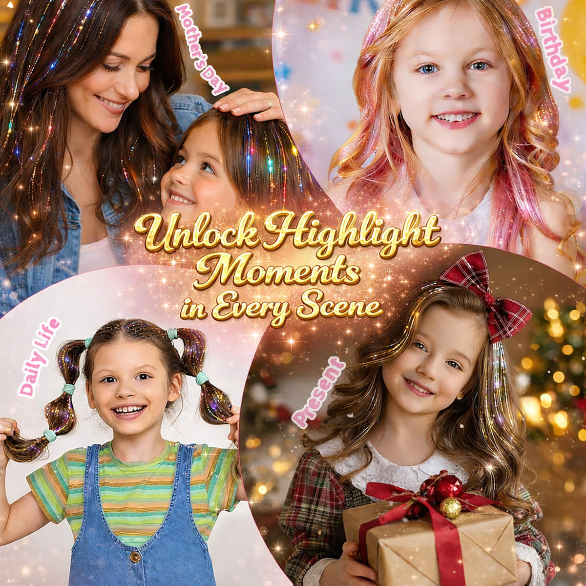 Close-up of shiny hair tinsel strands in various colours