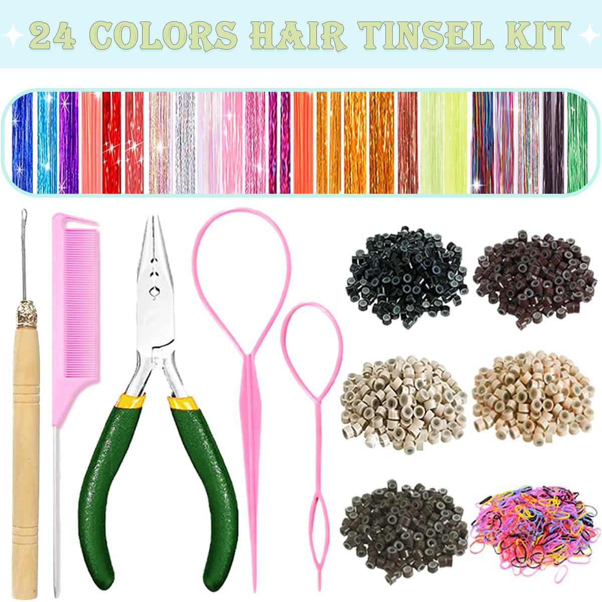 Close-up of shiny tinsel strands from LEDIZE Hair Tinsel Kit