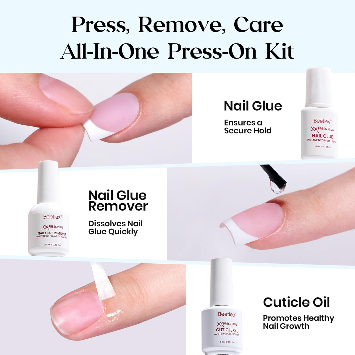 Close-up of short almond French tip nails in the kit