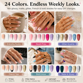 Close-up of short almond press on nails in glossy and matte finishes