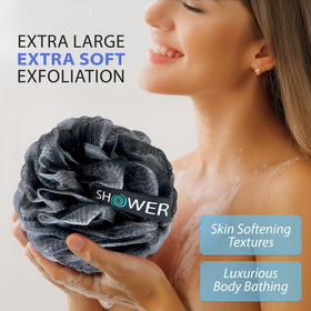 Close-up of Shower Bouquet loofah with charcoal infusion