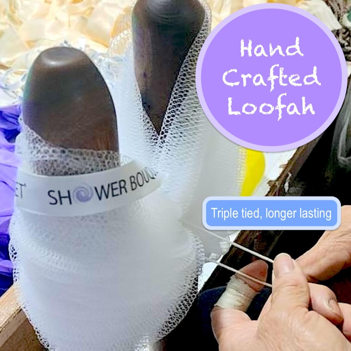 Close-up of Shower Bouquet soft mesh loofah showing triple-tied knot
