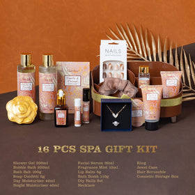 Close-up of shower gel and bubble bath in the spa gift set