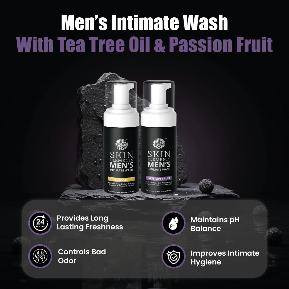 Close-up of Skin Elements Men's Intimate Wash bottle showing foaming texture