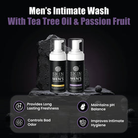 Close-up of Skin Elements Men's Intimate Wash bottle showing foaming texture