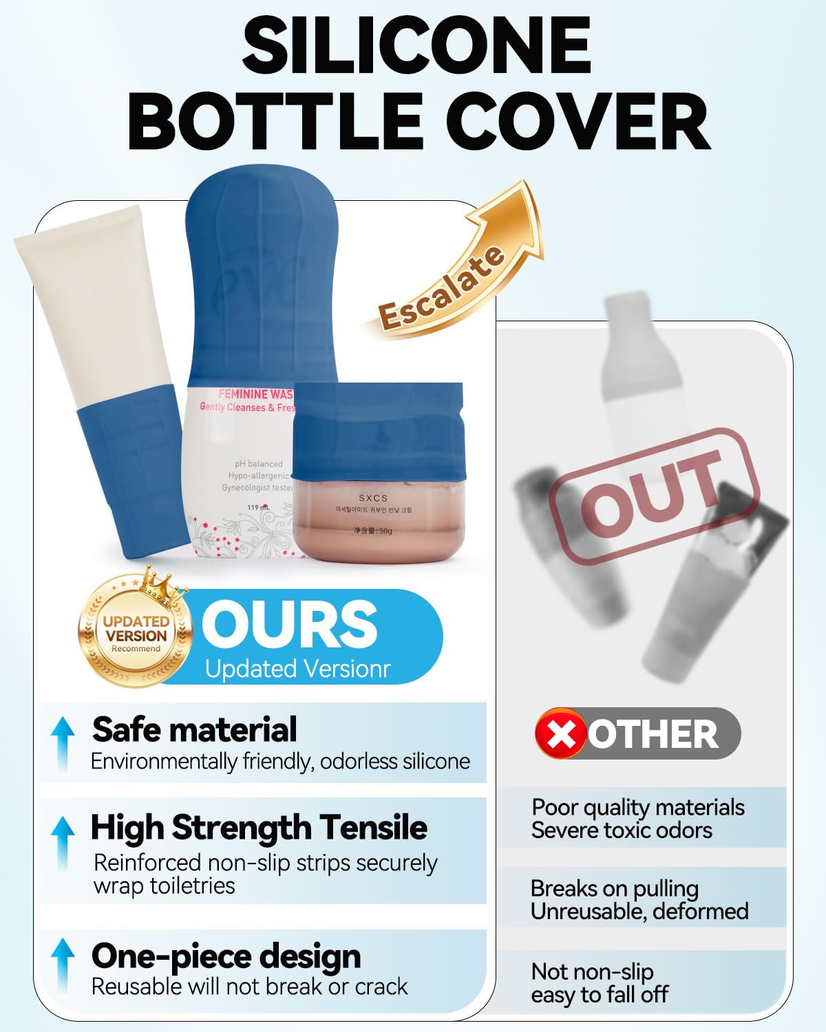 Close-up of Skyconser Silicone Bottle Cover on a shampoo bottle