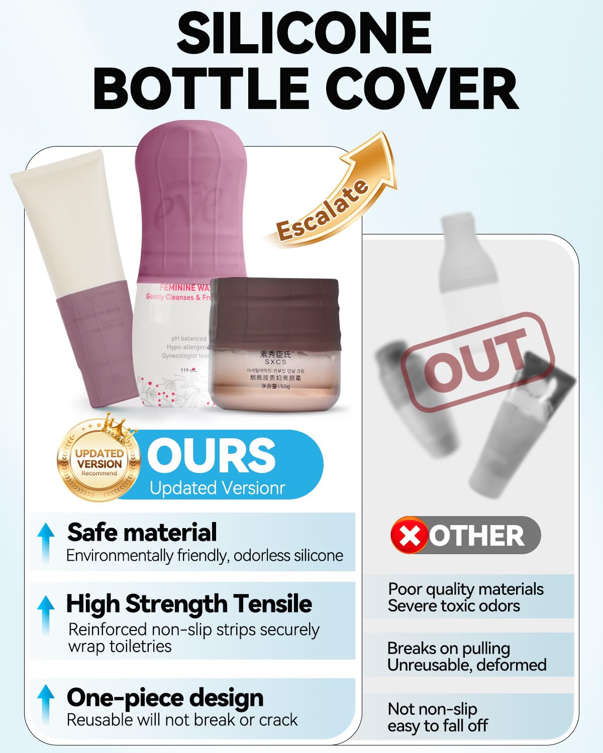 Close-up of Skyconser silicone bottle cover on a shampoo bottle