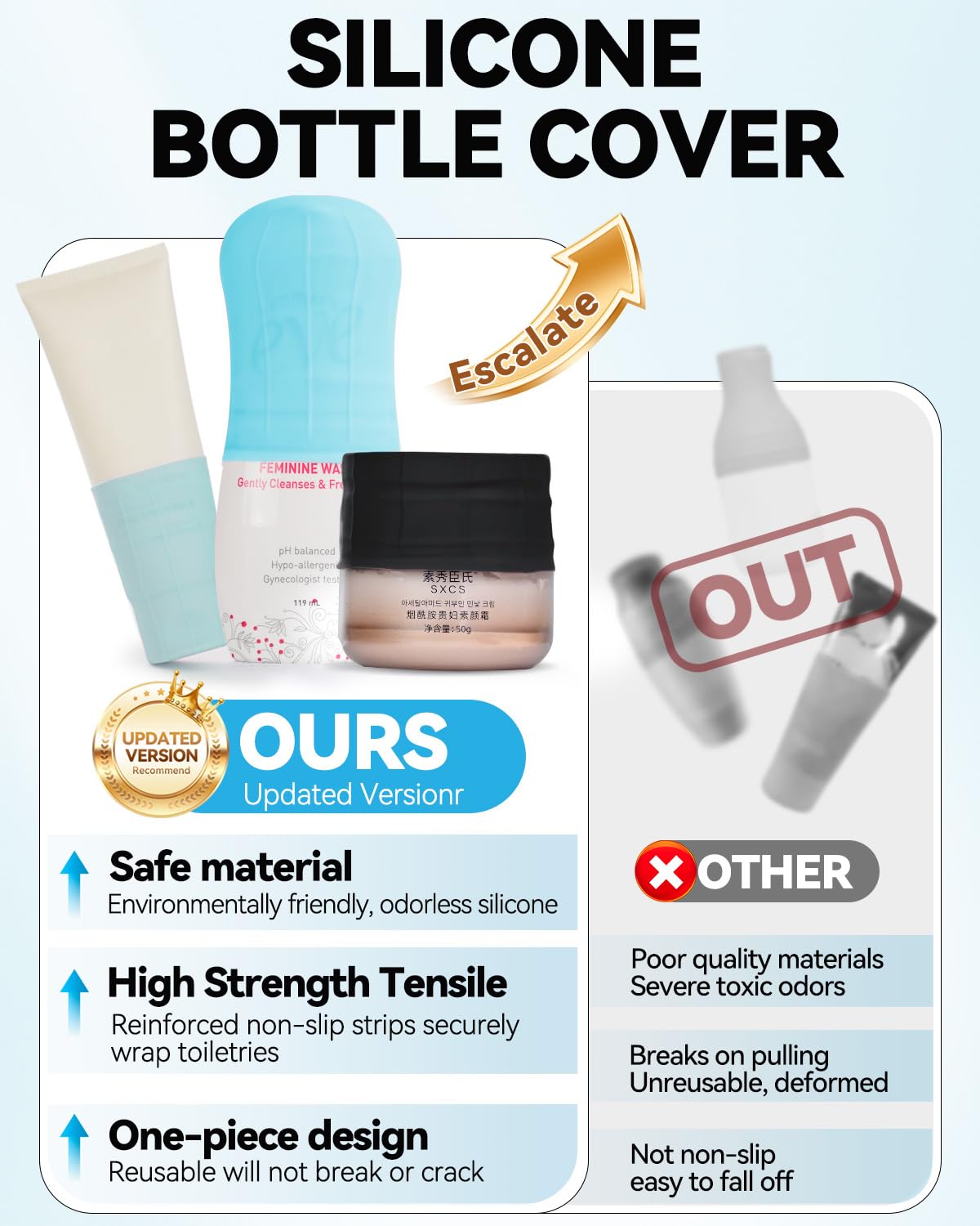 Close-up of Skyconser silicone bottle cover on shampoo bottle