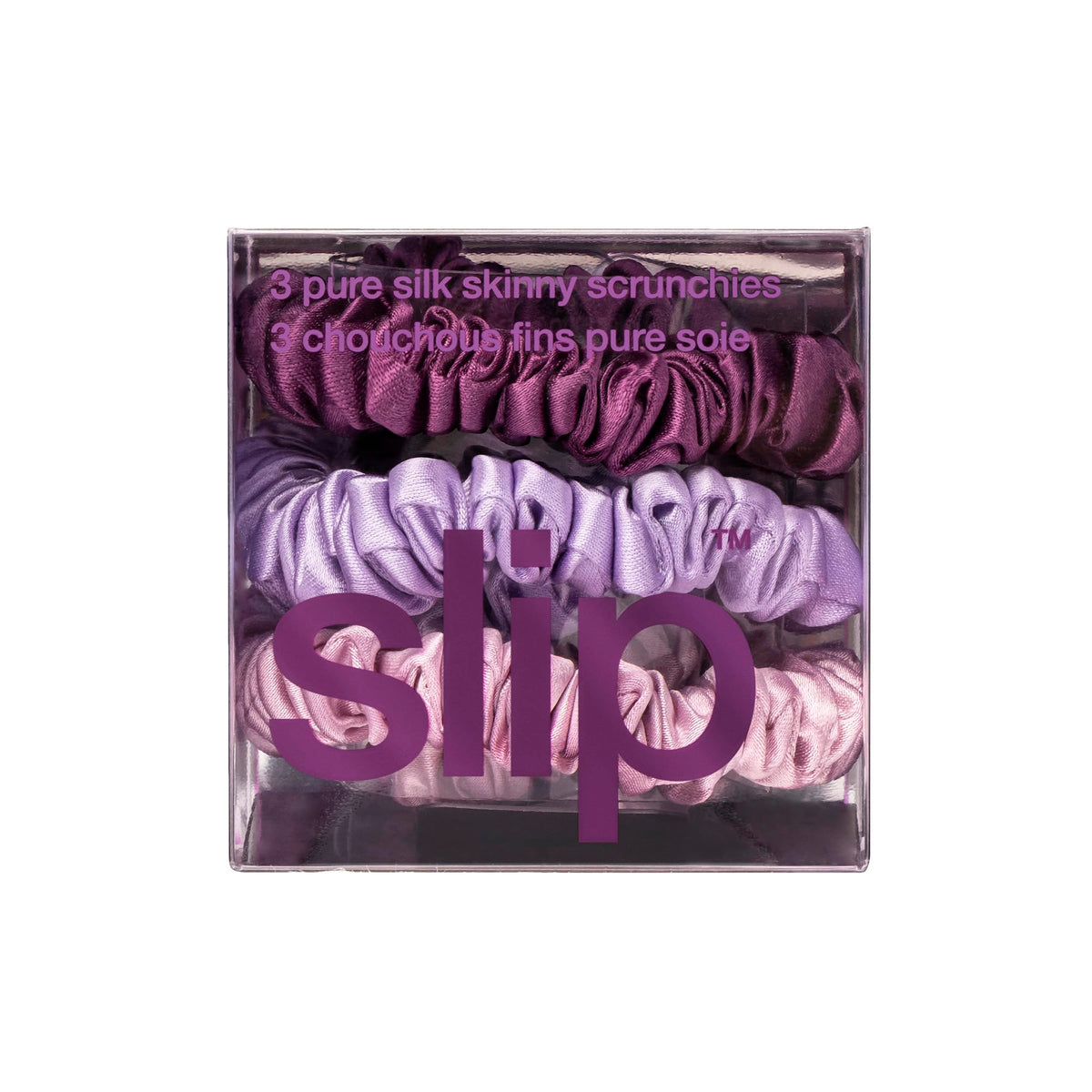 Close-up of SLIP Silk Hair Ties Set of 3 Violet skinny scrunchies