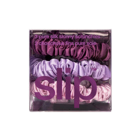 Close-up of SLIP Silk Hair Ties Set of 3 Violet skinny scrunchies