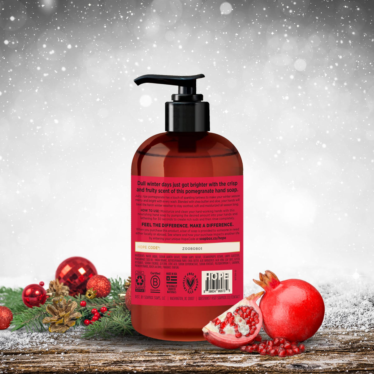 Close-up of Soapbox Spiced Vanilla & Frosted Pomegranate Hand Soap dispenser