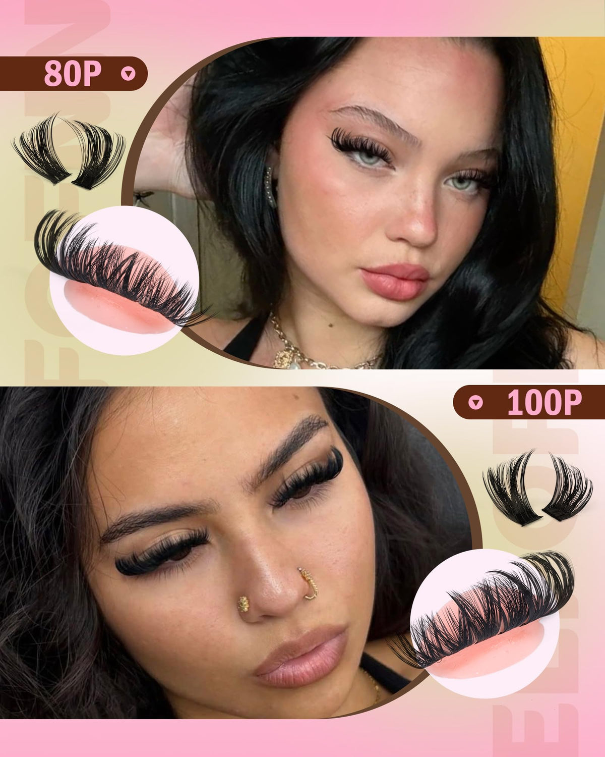Close-up of soft synthetic lash clusters in various lengths
