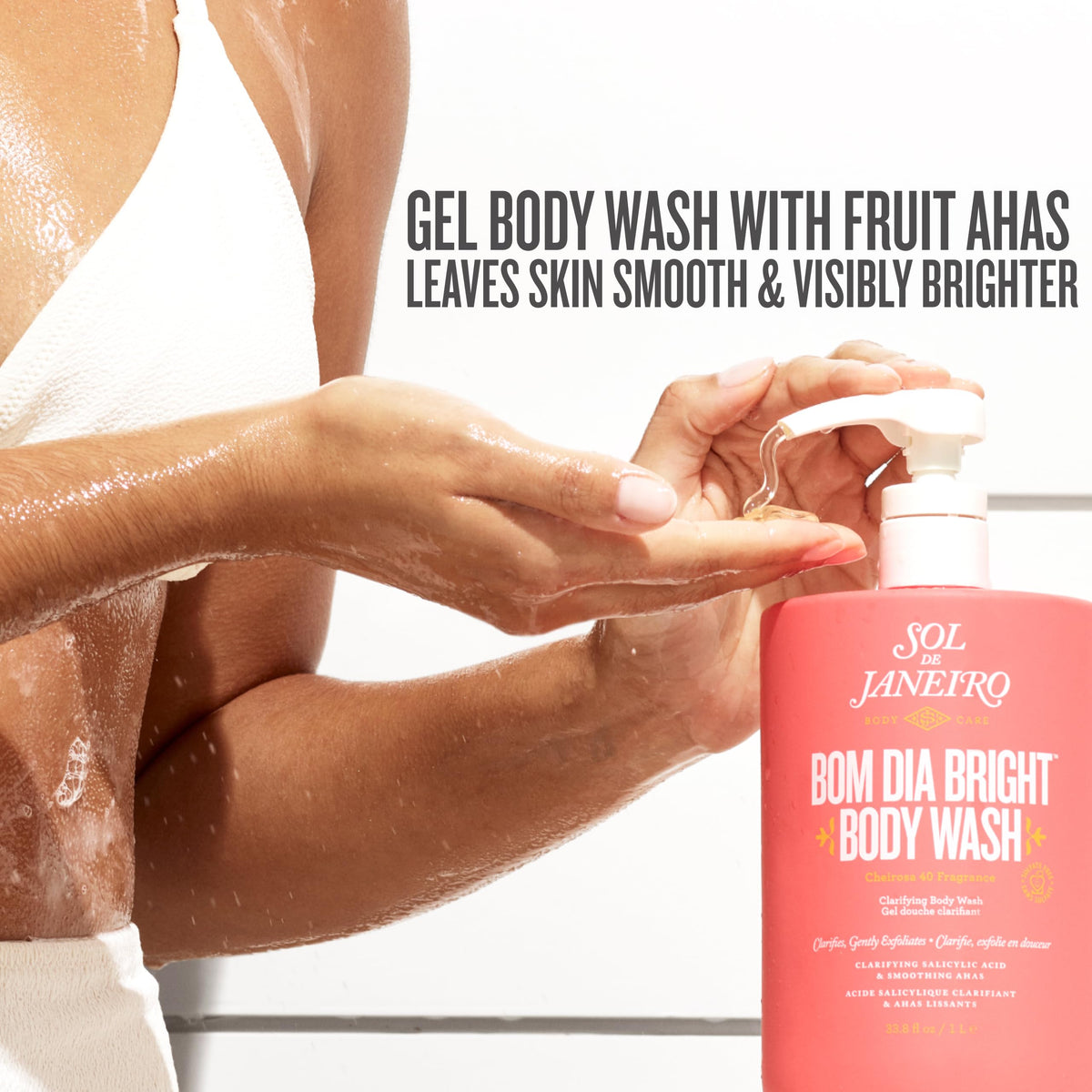 Close-up of Sol de Janeiro Bom Dia Bright Body Wash label