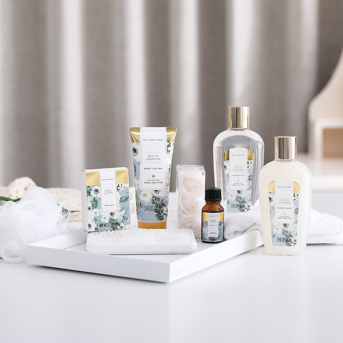 Close-up of Spa Luxetique shower gel and bubble bath