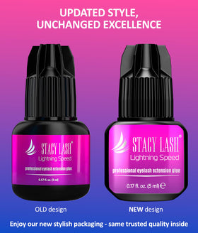 Close-up of STACY LASH Lightning Speed Eyelash Extension Glue bottle