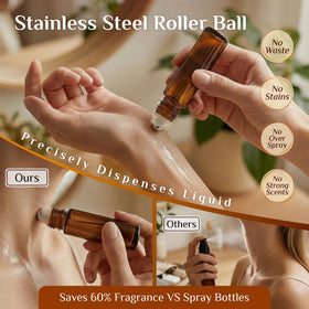 Close-up of stainless steel roller ball on amber bottle