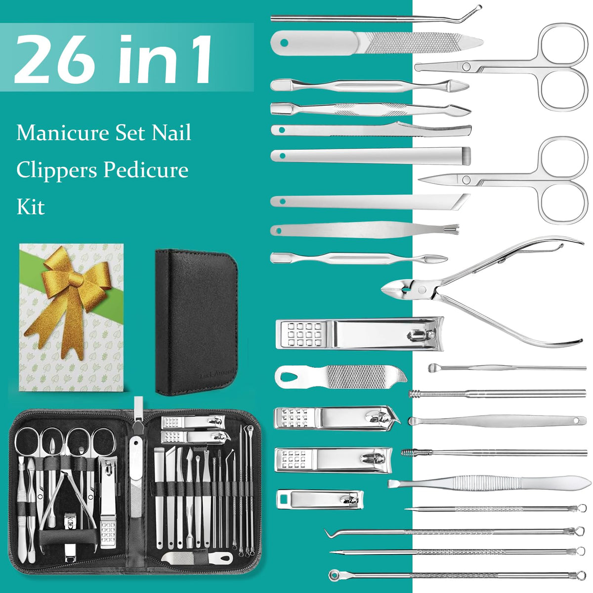 Close-up of stainless steel tools in the manicure set