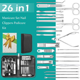 Close-up of stainless steel tools in the manicure set