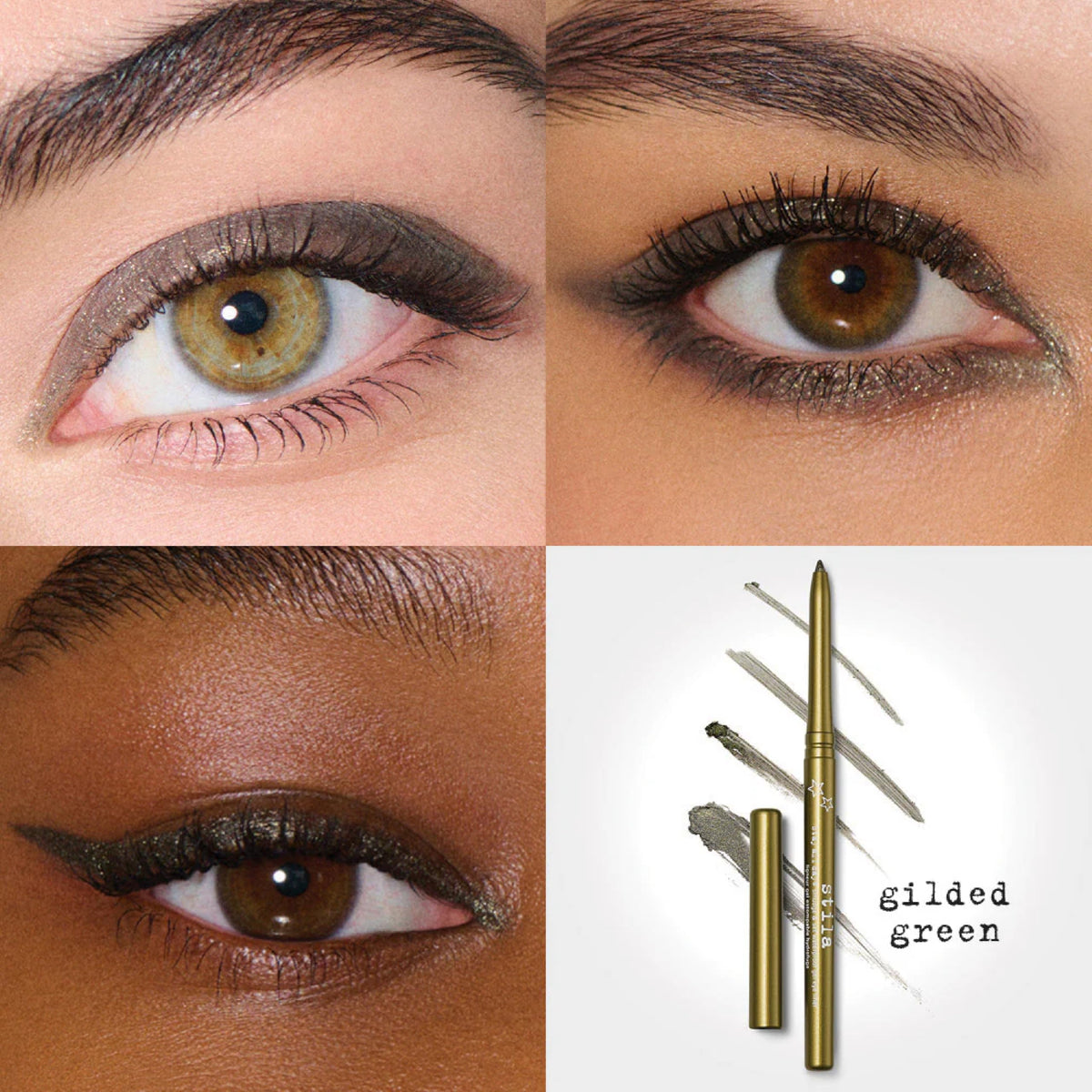 Close-up of stila Gel Eyeliner Gilded Green pencil tip
