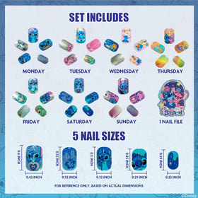 Close-up of Stitch and Angel designs on press-on nails