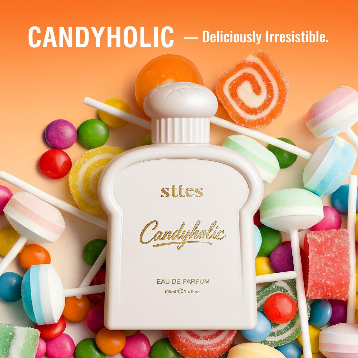 Close-up of Sttes Candyholic Eau de Parfum bottle