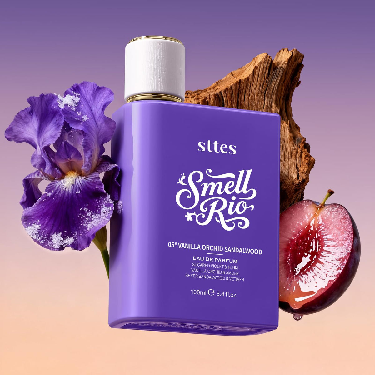Close-up of Sttes Smell Rio Eau De Parfum purple bottle