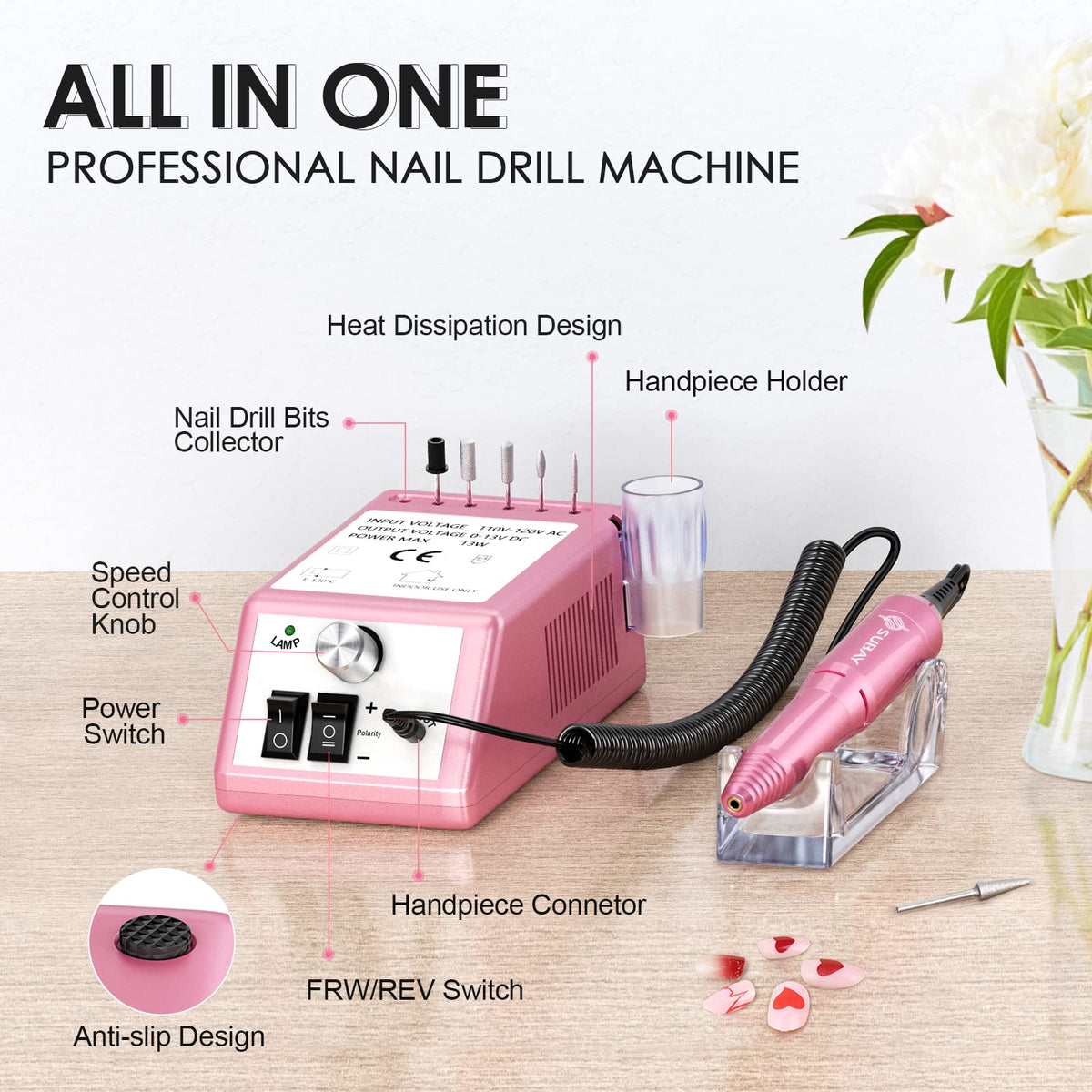 Close-up of SUBAY Electric Nail Drill showing drill bit insertion holes