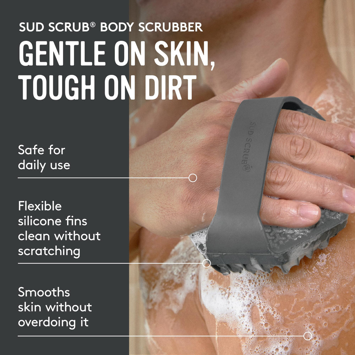 Close-up of Sud Scrub's textured surface and secure strap