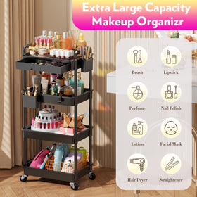 Close-up of SUNALLY Makeup Cart Organizer's top shelf with cosmetics
