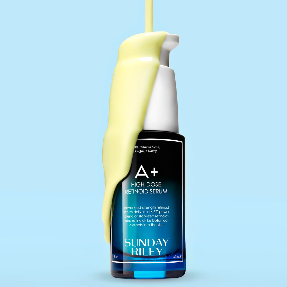 Close-up of Sunday Riley A+ High-Dose Retinoid Serum bottle