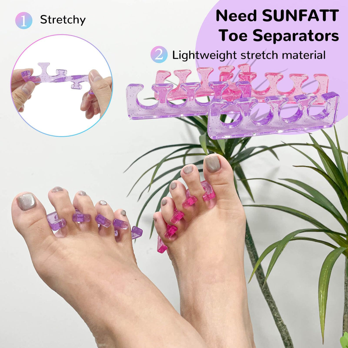 Close-up of SUNFATT toe separators showing gel texture