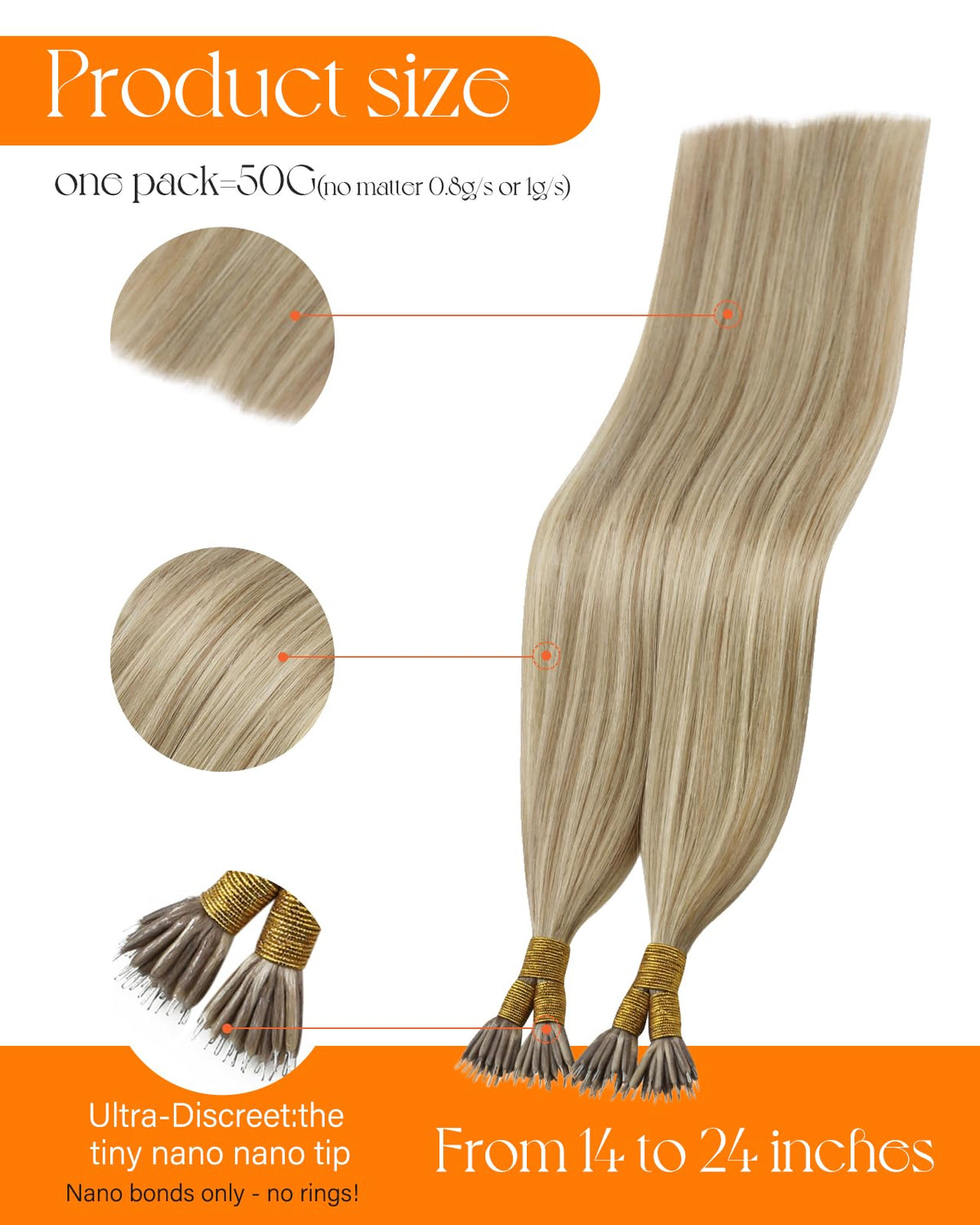 Close-up of Sunny Hair 20 Inch Nano Hair Extensions showing nano rings