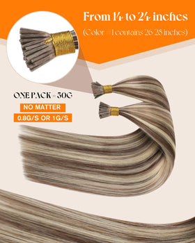 Close-up of Sunny Hair I-Tip extensions showcasing micro-ring tips