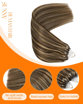 Close-up of Sunny Hair Micro Bead extensions showing micro links