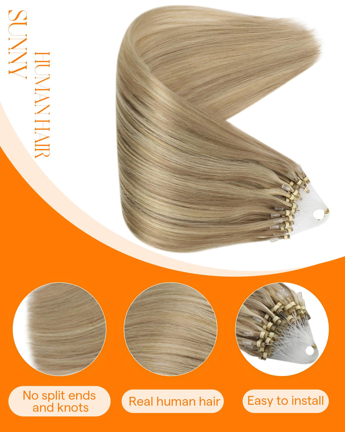 Close-up of Sunny Hair Micro Link Extensions showing microbeads