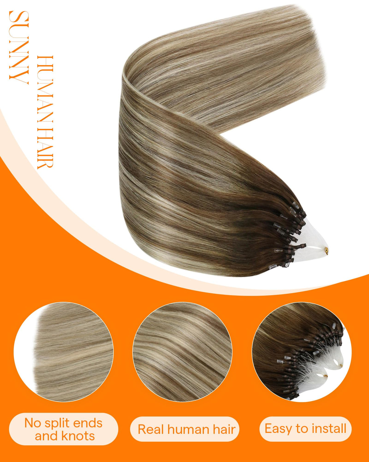Close-up of Sunny Hair Micro Link extensions showing the micro beads