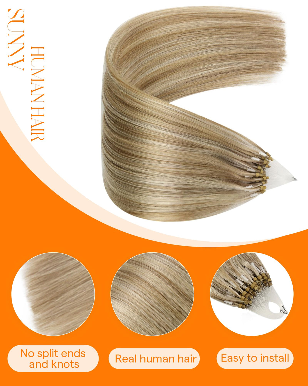 Close-up of Sunny Hair Micro Loop Extensions showing beads