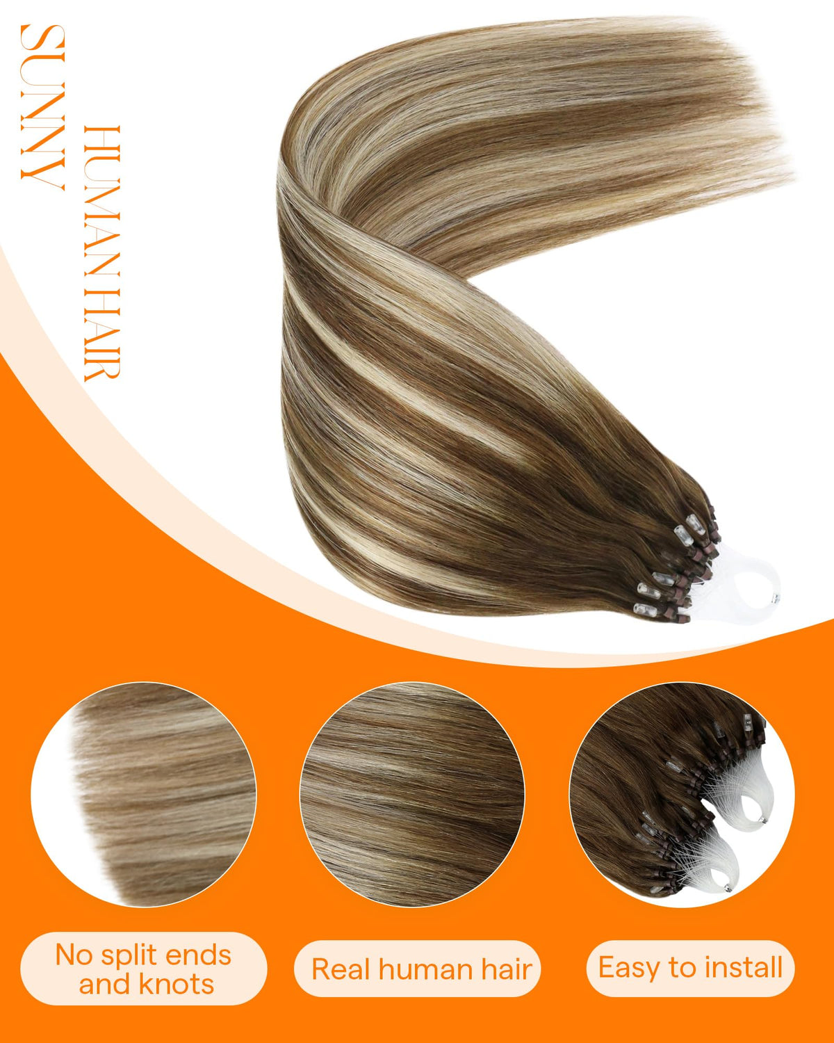 Close-up of Sunny Hair Microbead Extensions showing micro rings