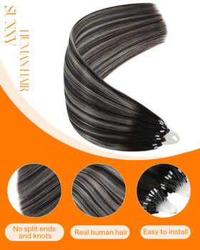 Close-up of Sunny Hair Microloop extensions showing micro beads