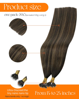 Close-up of Sunny Hair Nano Ring extensions showing nano rings
