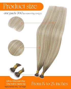 Close-up of Sunny Hair Nano Rings on Ash Blonde Extensions
