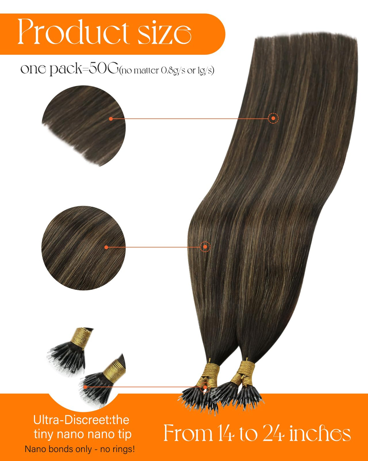 Close-up of Sunny Hair Nano Rings on Dark Brown Balayage extensions