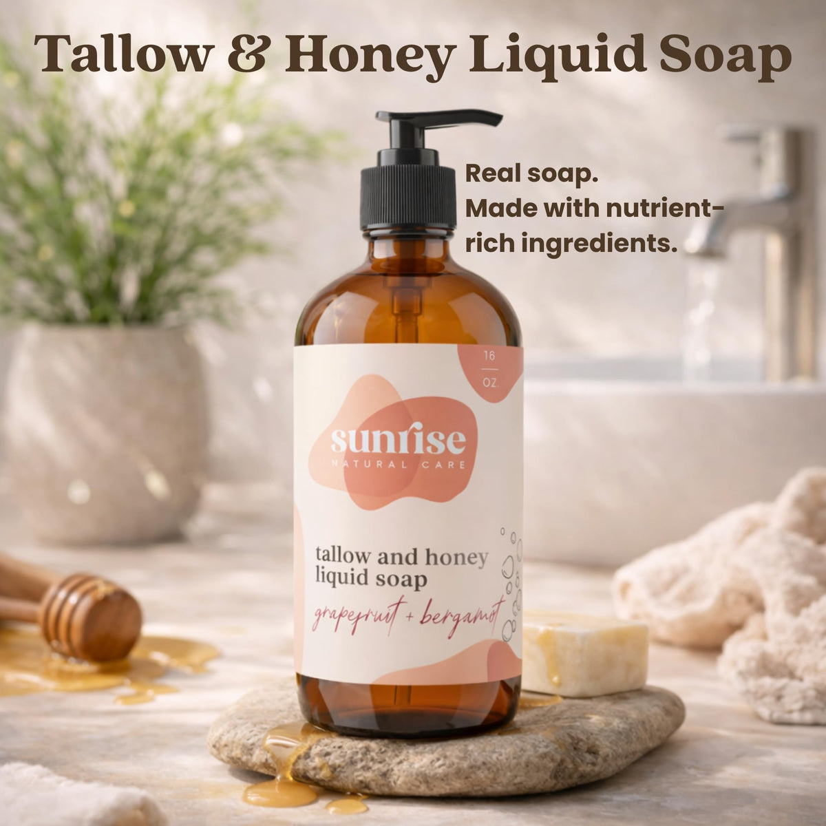 Close-up of Sunrise Natural Care Tallow & Honey Liquid Soap texture