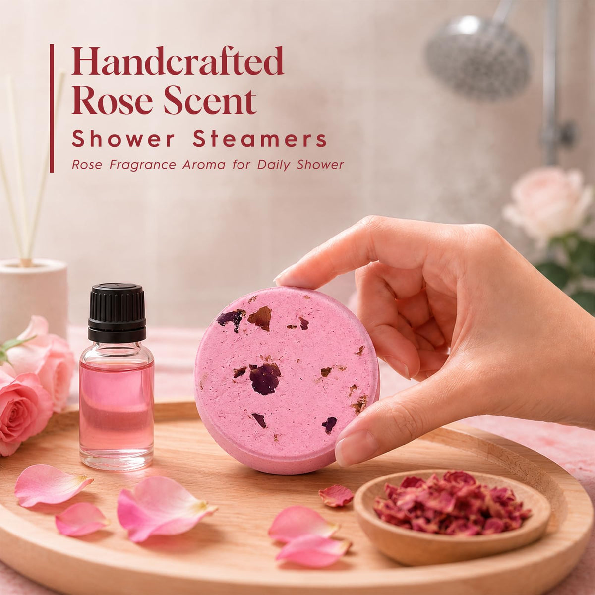 Close-up of SWCANDY Rose Shower Steamer in a shower setting