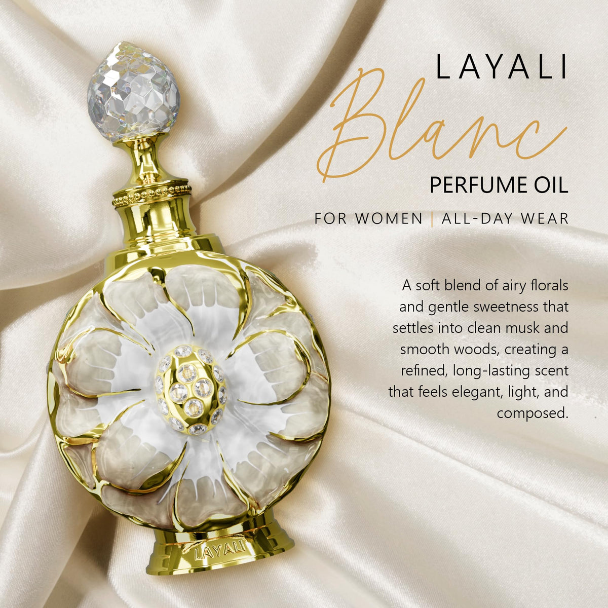 Close-up of Swiss Arabian Layali Blanc bottle with floral design