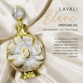 Close-up of Swiss Arabian Layali Blanc bottle with floral design