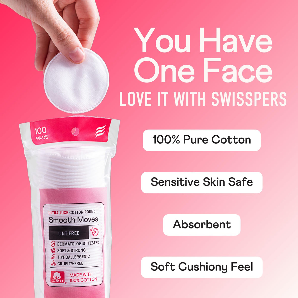 Close-up of Swisspers Ultra-Luxe Cotton Rounds for skincare