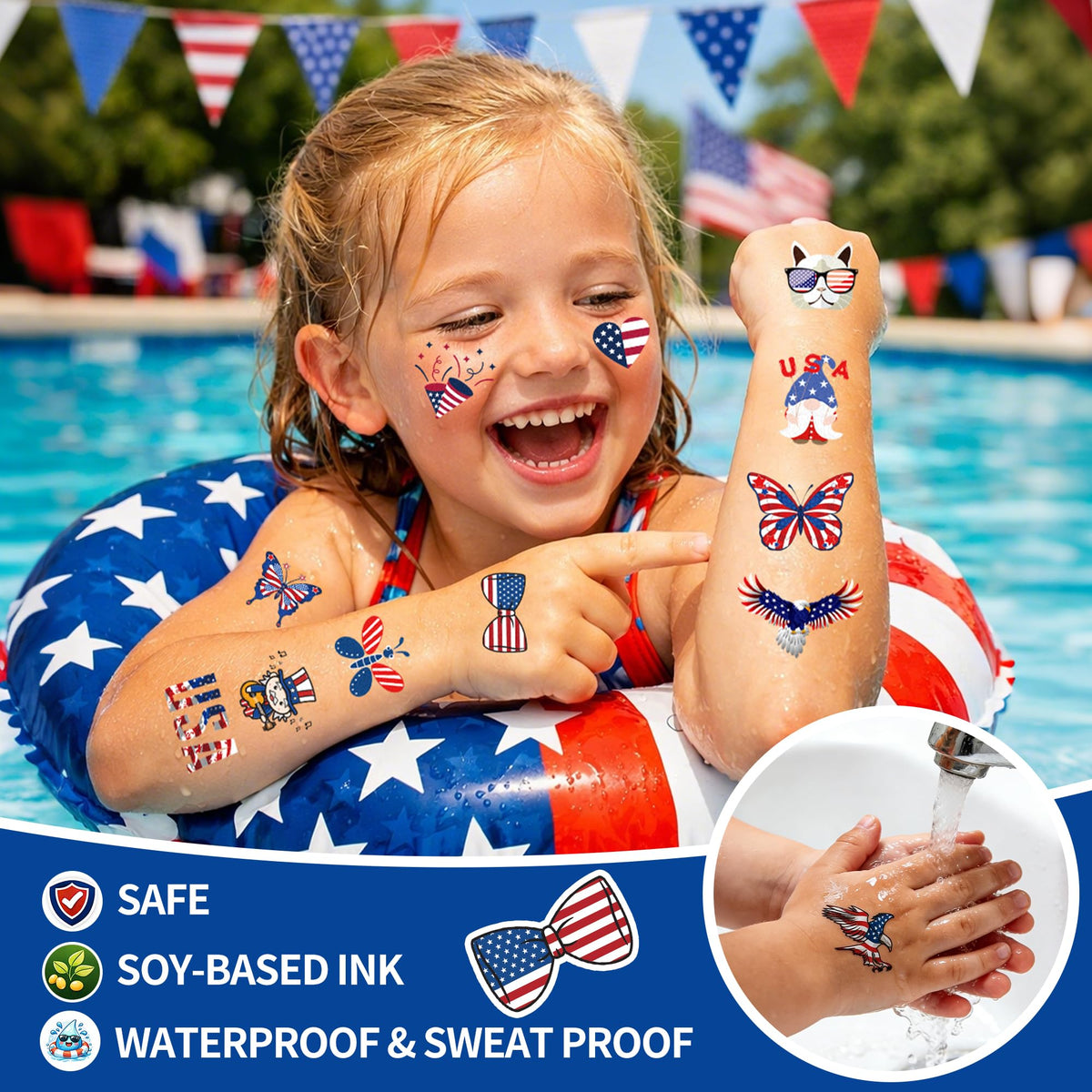Close-up of TATUWST temporary tattoo sheet with patriotic designs